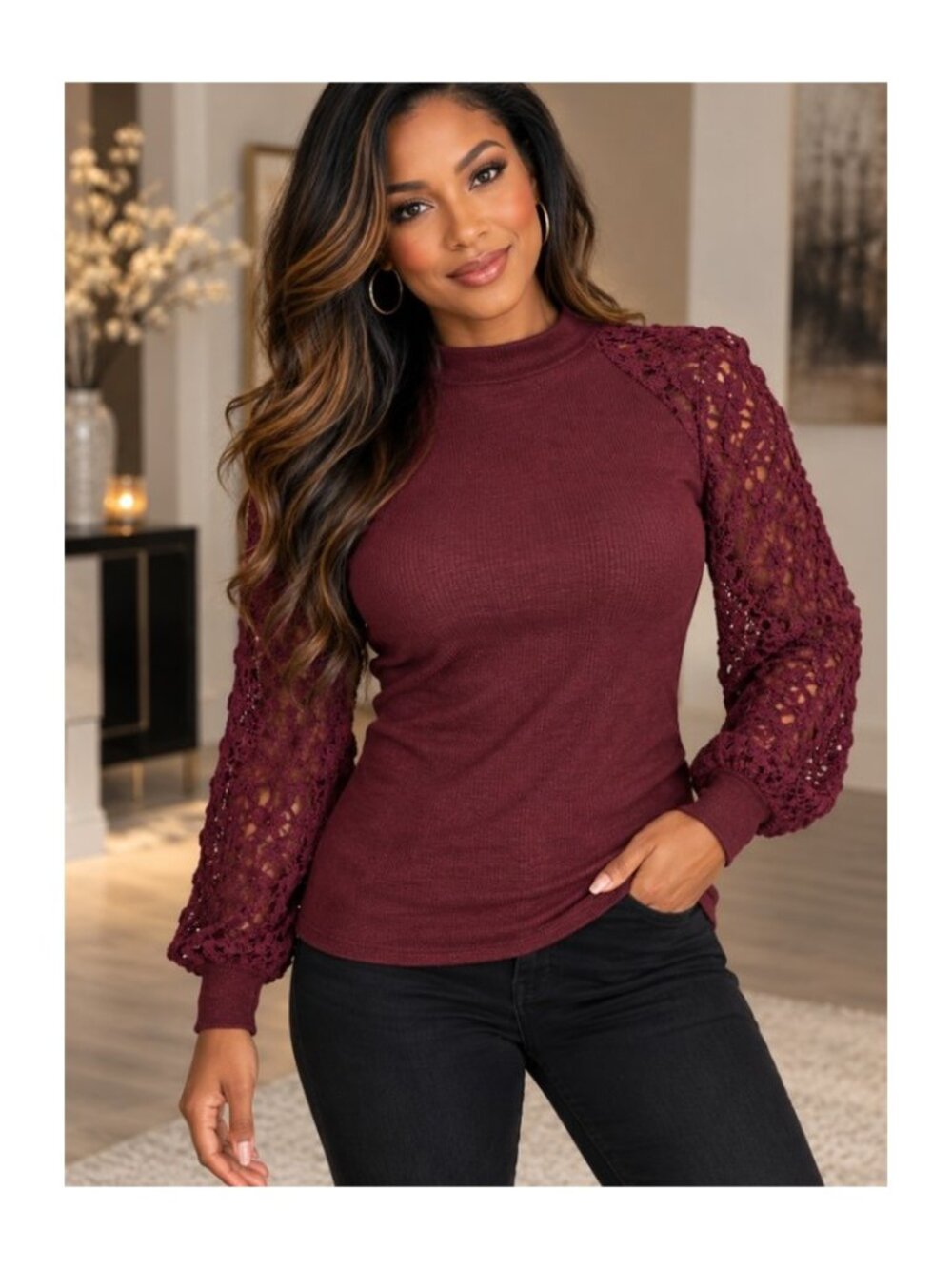 Miholl Burgundy Waffle Knit Top Sheer Lace Sleeve HOBO/Goth Whimsigoth/Y2K Size